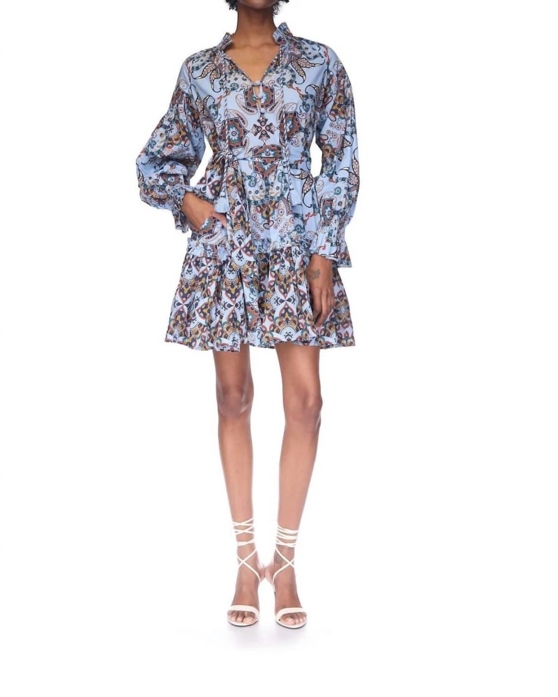 Front of a model wearing a size L Poppy Dress in Blue Vintage Paisley in Blue Vintage Paisley by Cara Cara. | dia_product_style_image_id:363053